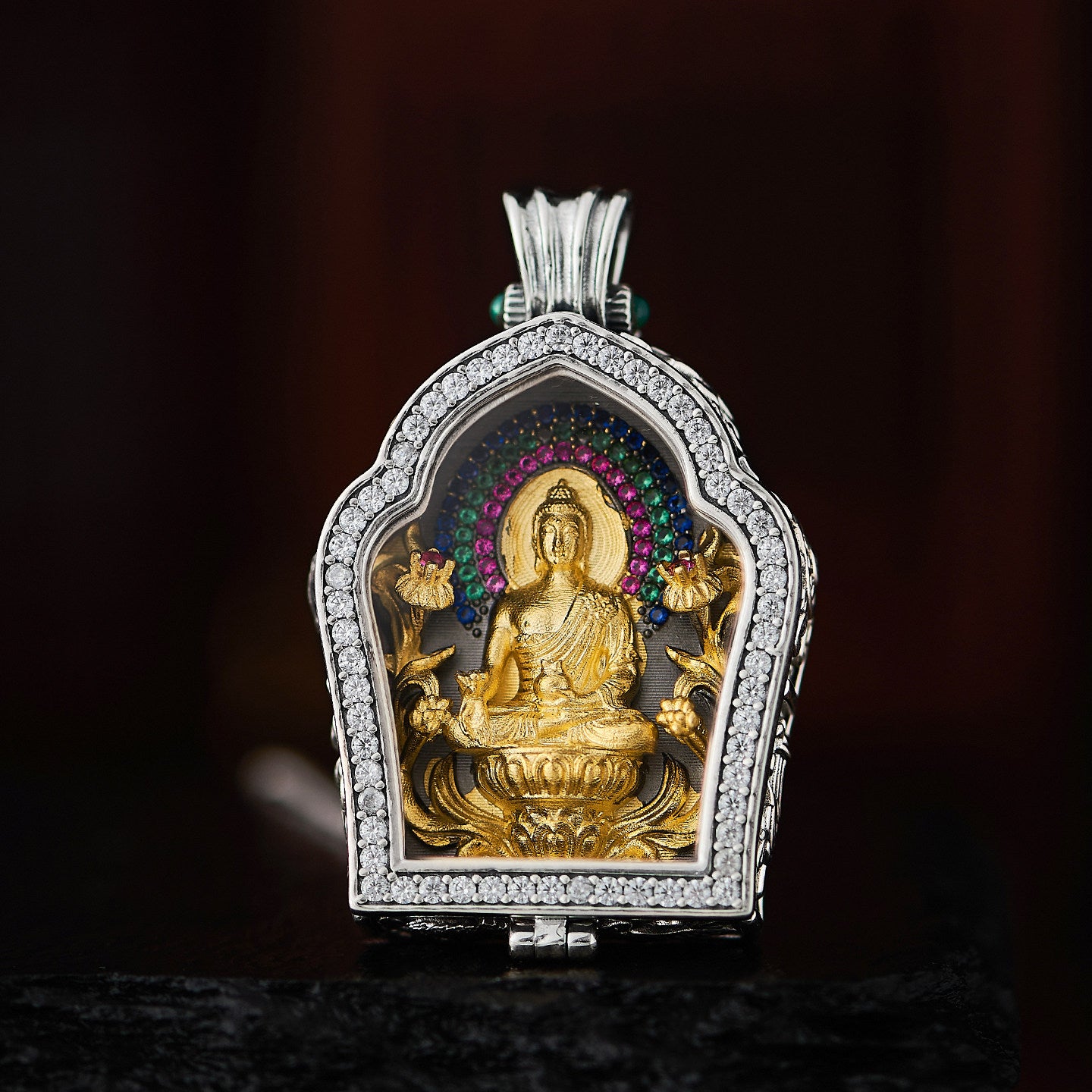 Tibetan-style Medicine Buddha pendant in S925 silver with copper, handcrafted Ghau Box necklace for protection and wellness, Jewelry Art.