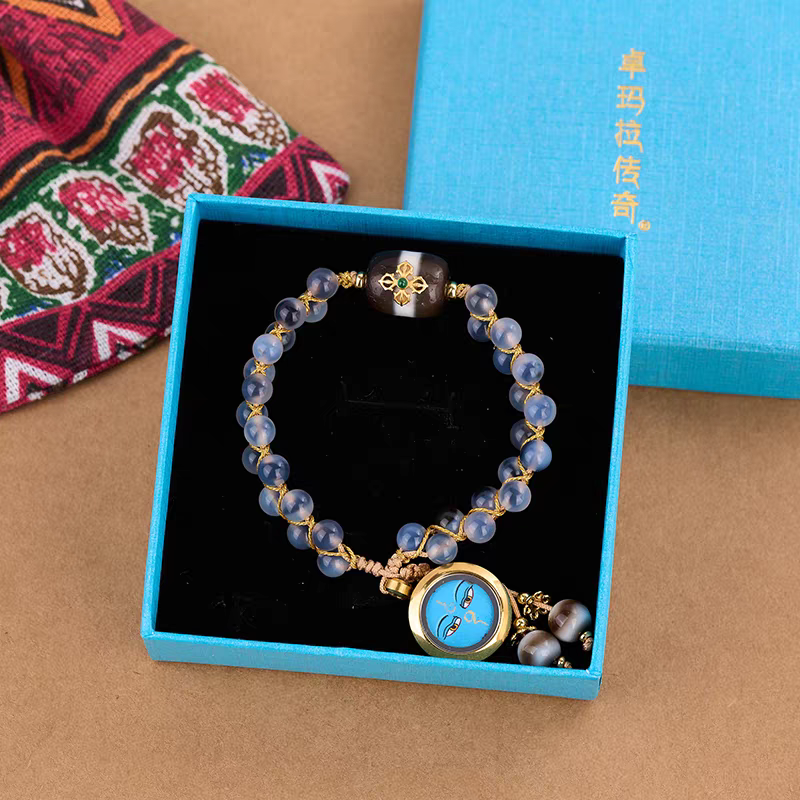 Purely handmade natural agate single-line Medicine Buddha bead with fine inlay, reflecting the heritage of Tibetan Buddhist Jewelry Culture.
