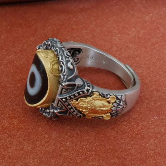 Pure handmade silver Green Tara One Eye ring, beautifully engraved with Tibetan Buddhist symbols to promote wisdom, compassion, and spiritual strength.