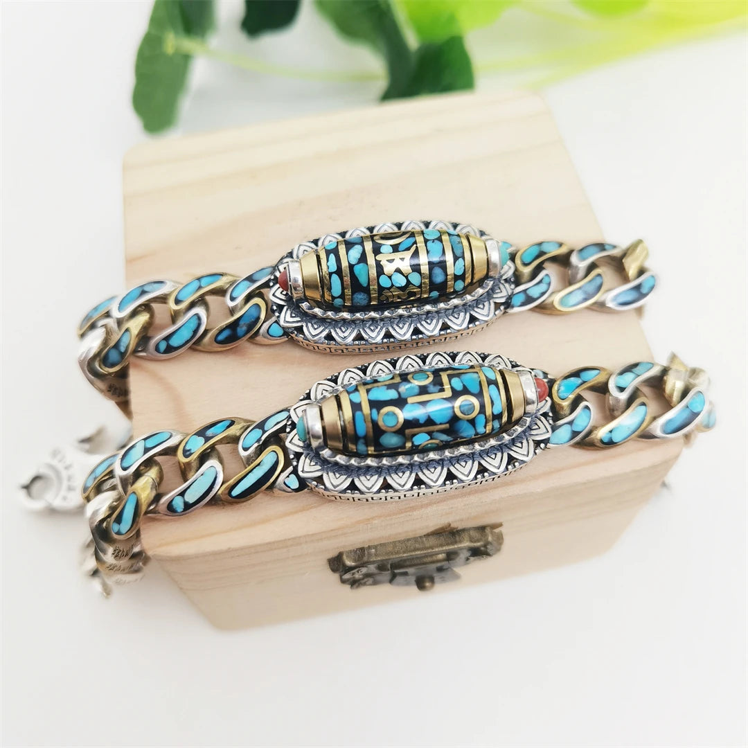 Pure handmade silver Nine Eye bracelet, featuring Tibetan Buddhist craftsmanship, offering protection and positive energy with each carefully handcrafted detail.