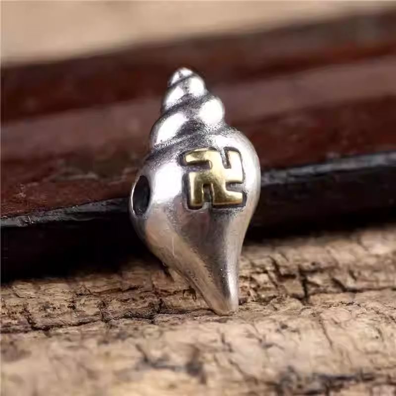 Vintage Handmade Sterling Silver Conch Shell Mala Thangka Pendant - detail 5