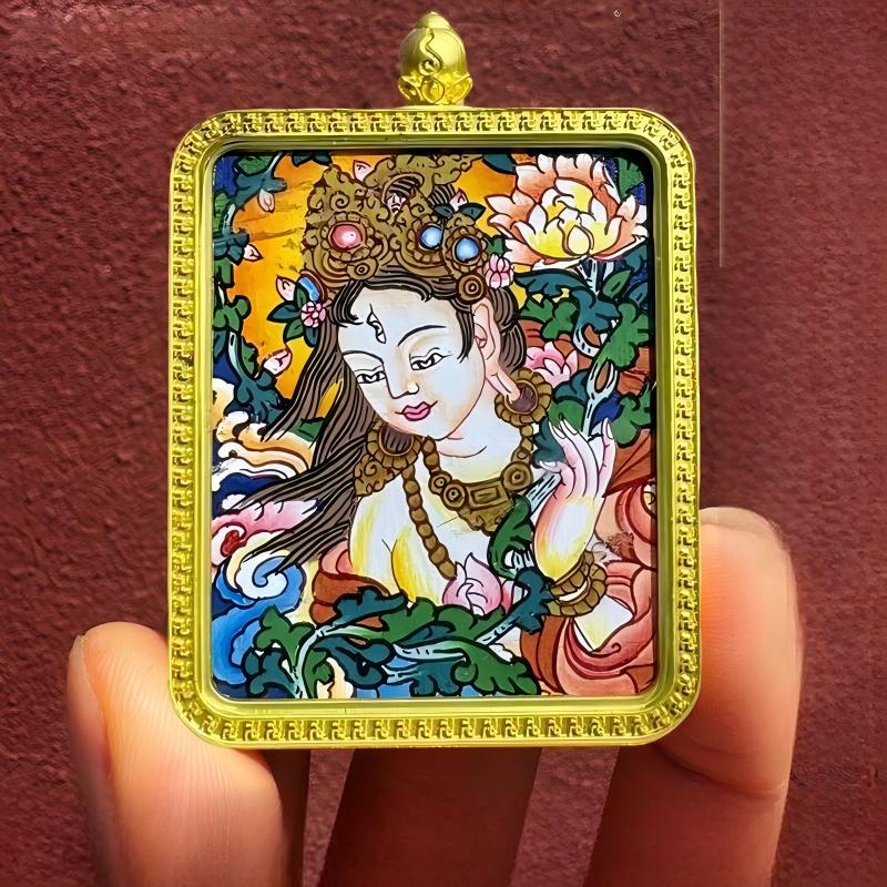 Pure handmade Tibetan White Tara Gau box necklace, featuring miniature Thangka, combining traditional craftsmanship with sacred Tibetan jewelry art.
