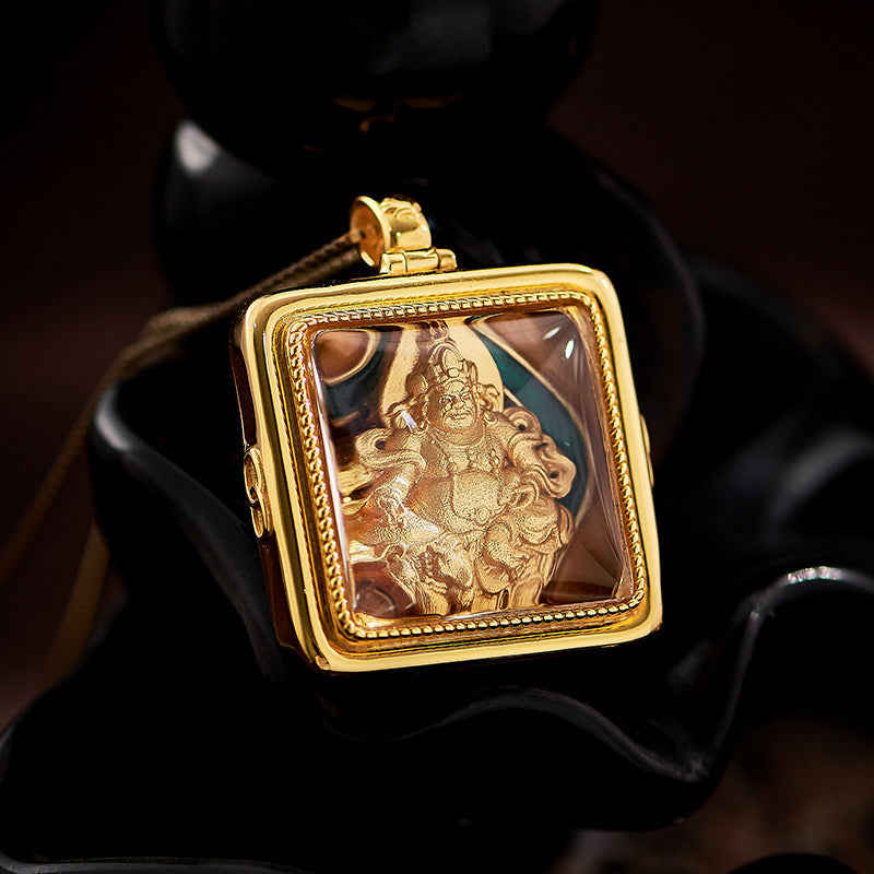 Tibetan-style silver pendant with Yellow Jambhala, white crystal, and red cinnabar, handcrafted guardian amulet for men and women, Jewelry Art.