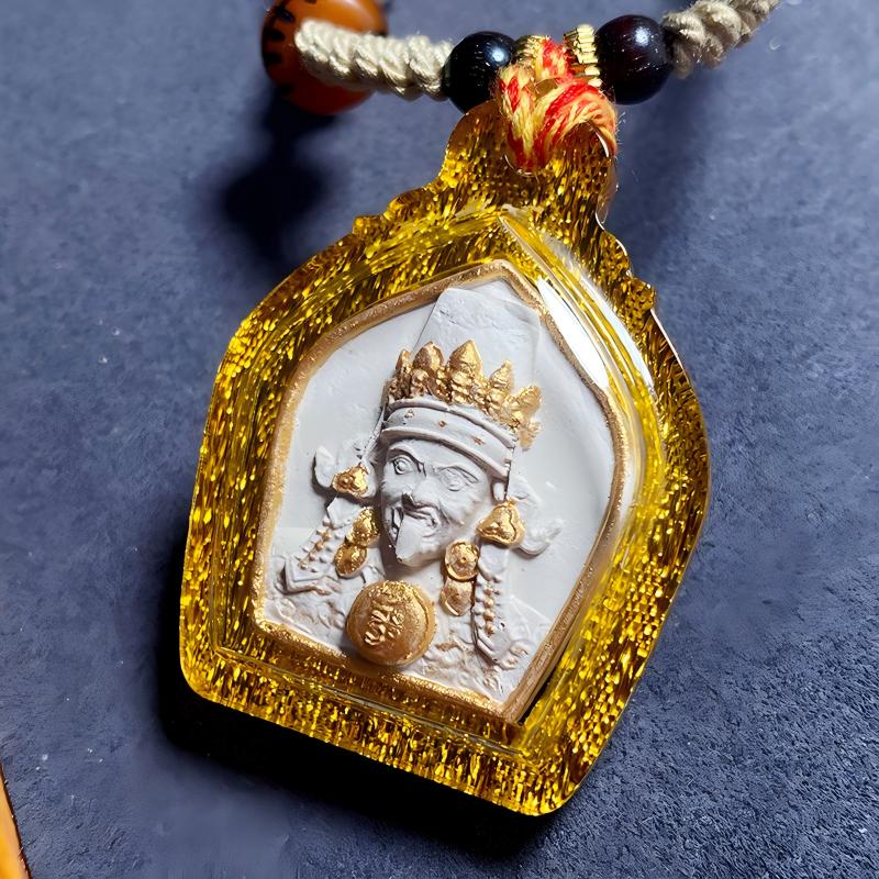Tibetan-style pendant of Zakiram Ash Thangka in Gau box, a sacred Tibetan Buddhist jewelry art piece symbolizing protection, blessings, and spiritual strength.