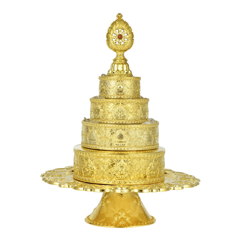 Tibetan Buddhist Jewelry Culture: Hand-carved gilded mandala offering set representing the pinnacle of Buddhist sacrificial items art.