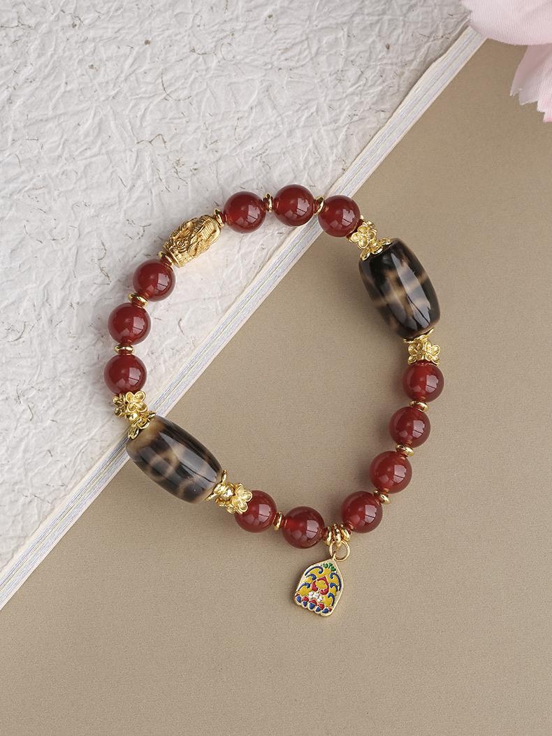 Tibetan Buddhist Jewelry Culture: Hand-Painted Red Agate Dzi Blessing Bracelet for attracting abundance and good fortune
