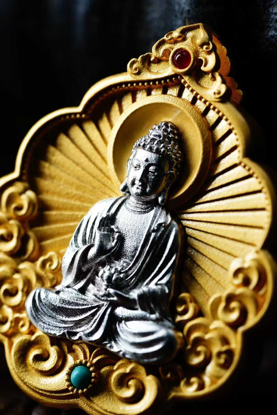 "S925 silver Amitabha Buddha pendant as a spiritual talisman, crafted with Tibetan Buddhist Jewelry Culture and elegant Jewelry Art aesthetics."