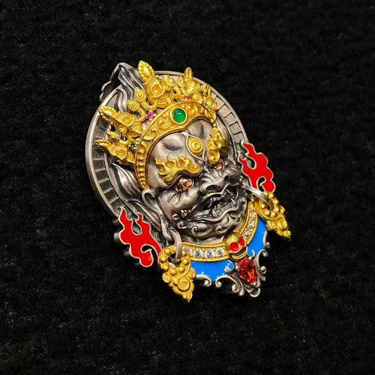 "S925 silver Daikokuten pendant with fine inlay craftsmanship, inspired by Tibetan Buddhist Jewelry Culture and elegant Jewelry Art design."