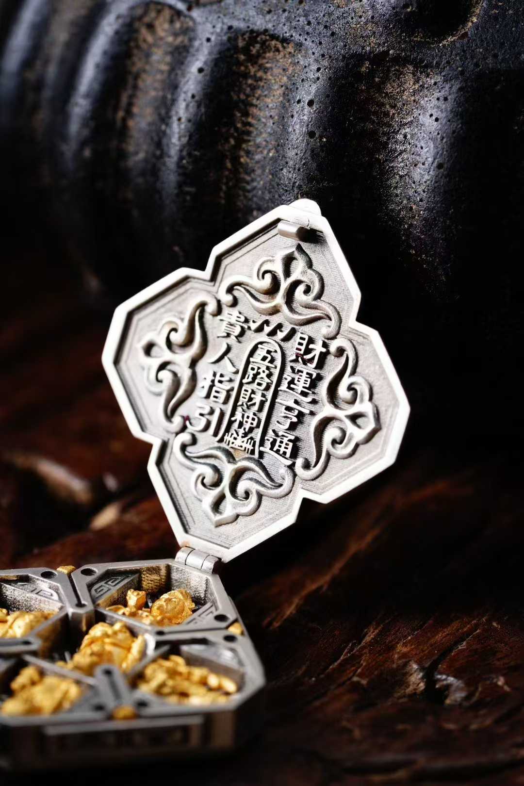 "S925 silver Five-Way God of Wealth pendant with fine inlay craftsmanship, inspired by Tibetan Buddhist Jewelry Culture and elegant Jewelry Art design."