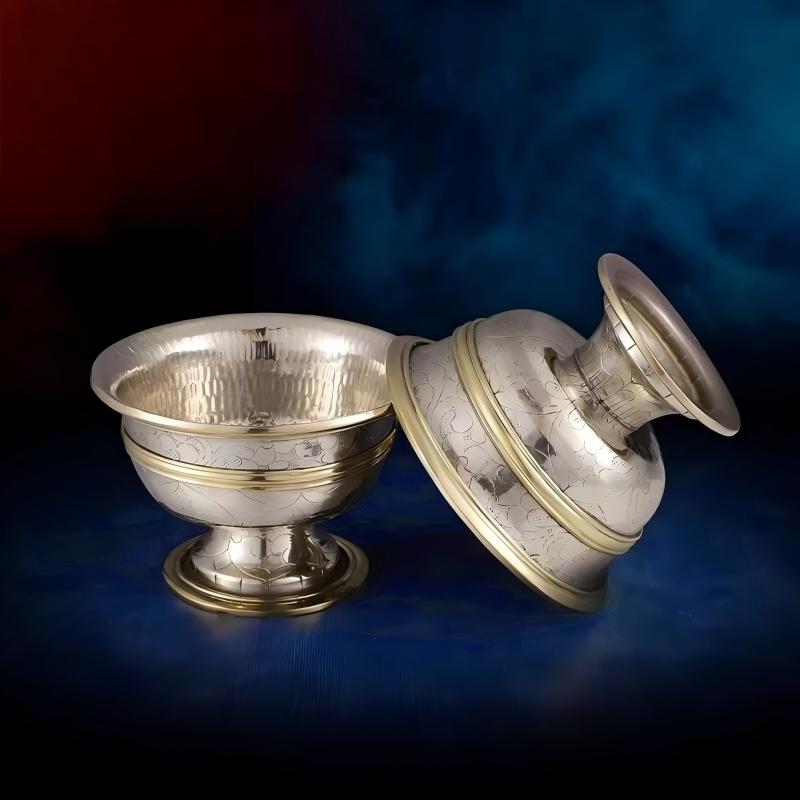 Fine jewelry art Tibetan water bowl, handcrafted as a spiritual vessel for purification and accumulating merit.
