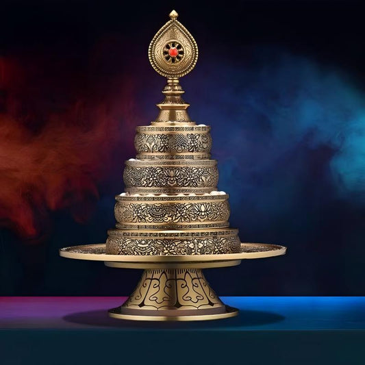  Handmade pure copper Mandala offering set (Manza) featuring Seven Treasures, a classic piece of Tibetan Buddhist Jewelry Culture and jewelry art.