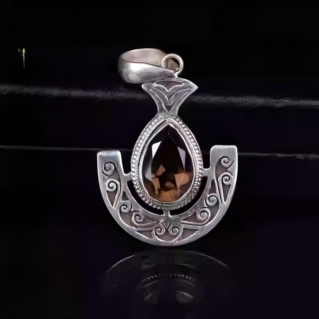 Silver engraved anchor pendant with tea crystal, Tibetan Buddhist Jewelry Culture inspired Jewelry art, handcrafted necklace for unisex.