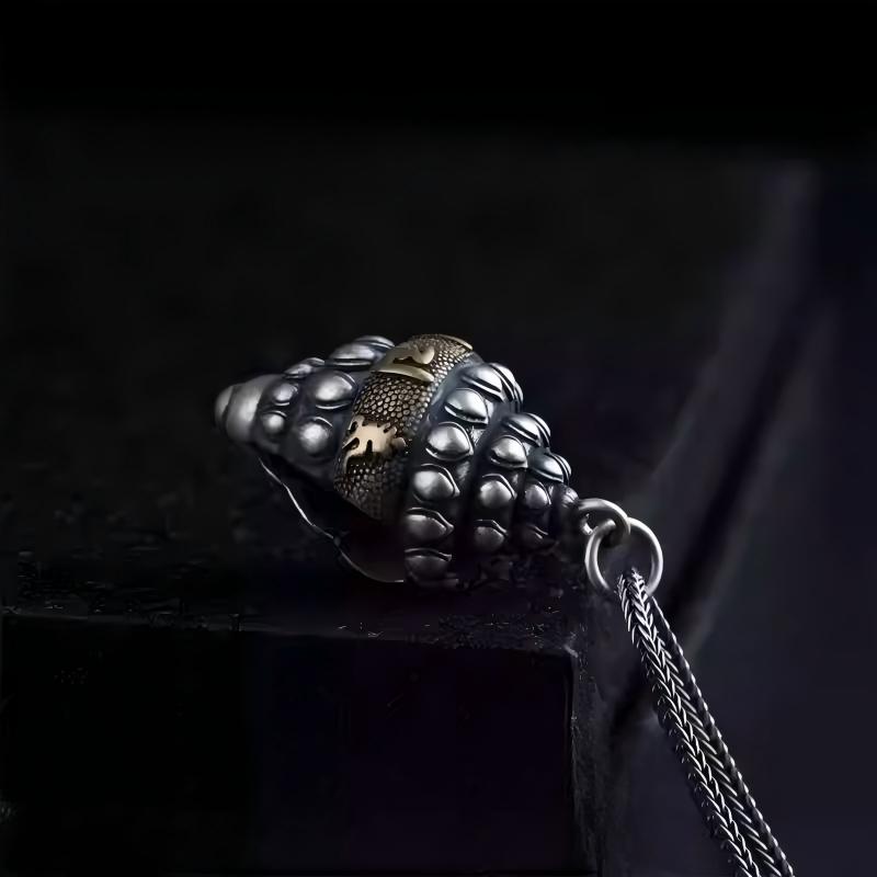 Handmade Tibetan Buddhist silver conch pendant inspired by the Eight Auspicious Symbols, unisex Nepal jewelry art necklace