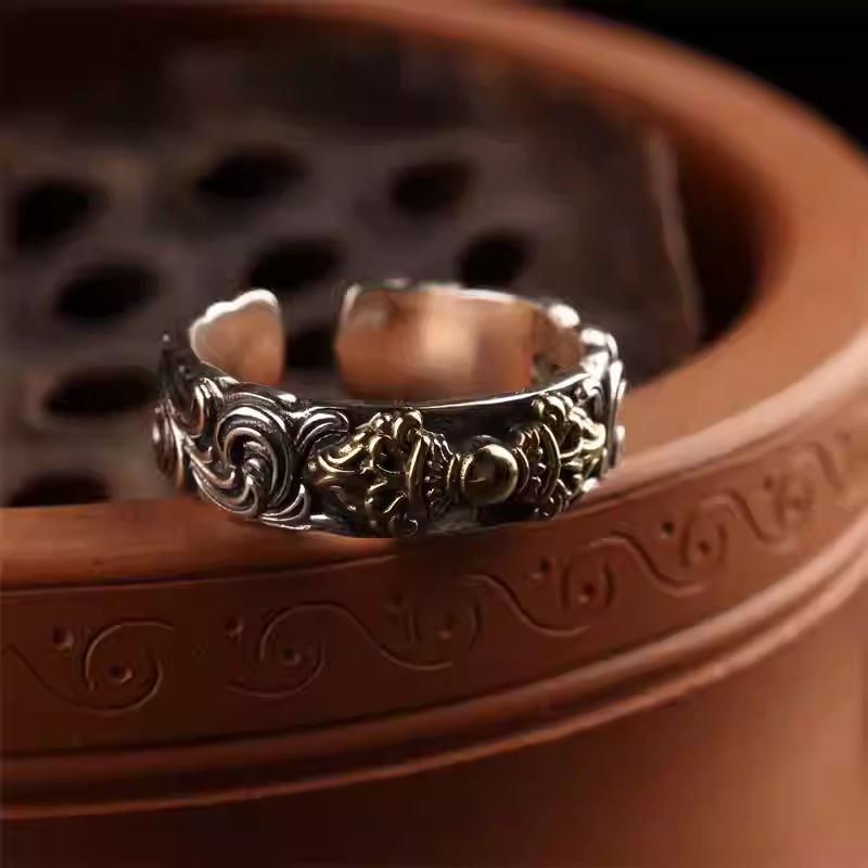 Handcrafted silver and copper Vajra openable ring, Tibetan Buddhist Jewelry Culture Jewelry art, spiritual vintage ring for men and women
