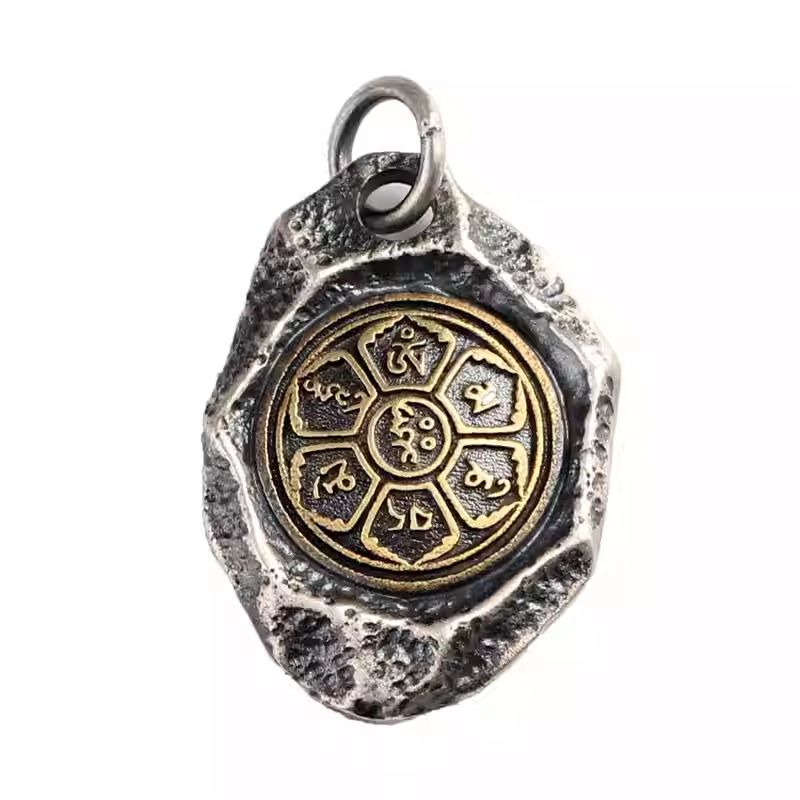 Vintage silver six-syllable mantra pendant, Tibetan Buddhist Jewelry Culture Jewelry art, handcrafted spiritual stone necklace
