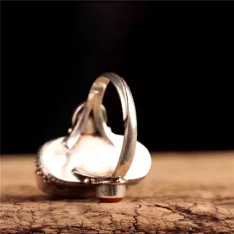 Silver Dzi bead creative adjustable ring, Tibetan Buddhist Jewelry Culture Jewelry art, handcrafted ethnic statement finger ring