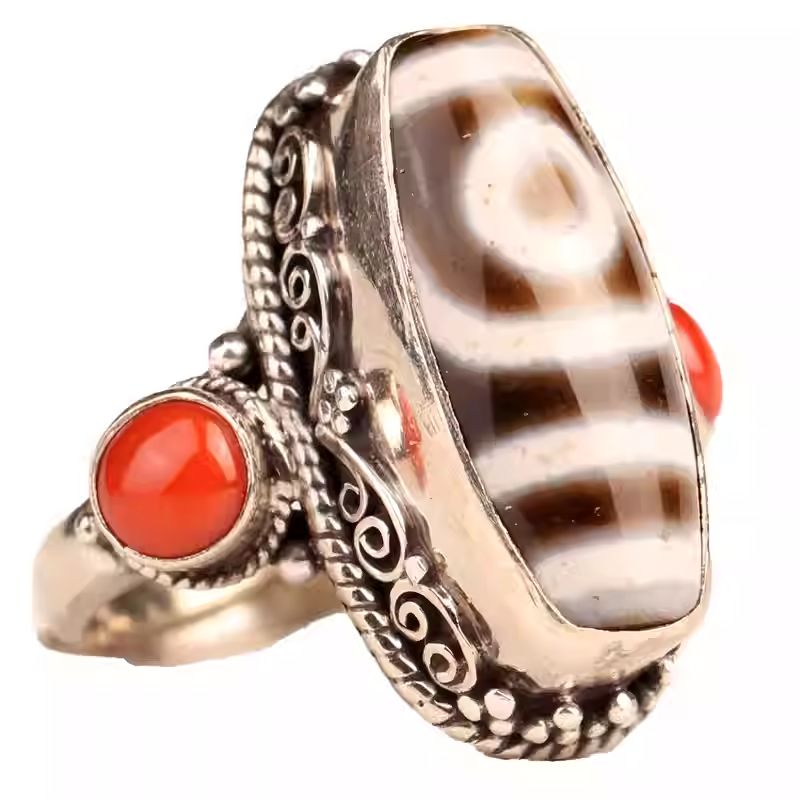 Handcrafted silver Dzi bead ethnic finger ring, Tibetan Buddhist Jewelry Culture Jewelry art, vintage open adjustable unisex ring