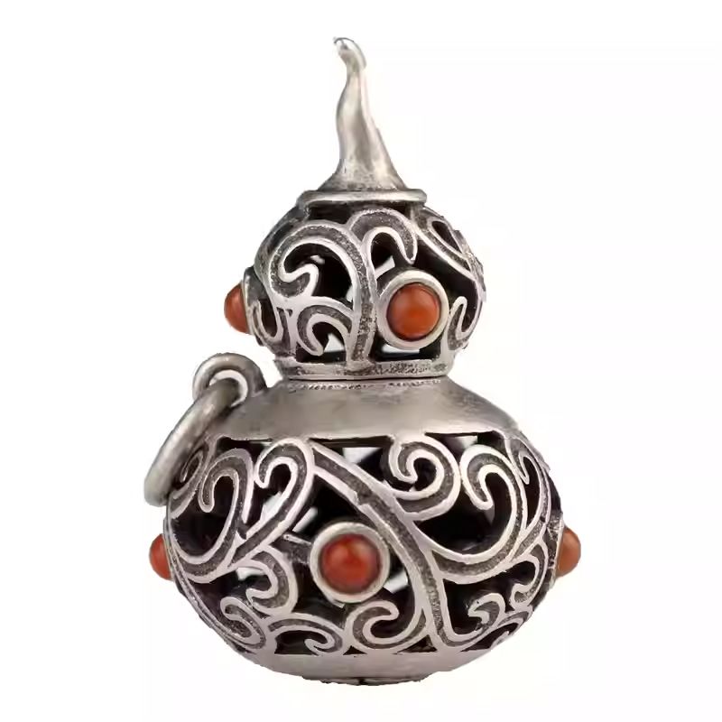 Handcrafted silver gourd amulet pendant inspired by Tibetan Buddhist Jewelry Culture, vintage Jewelry art for personal charm and style.