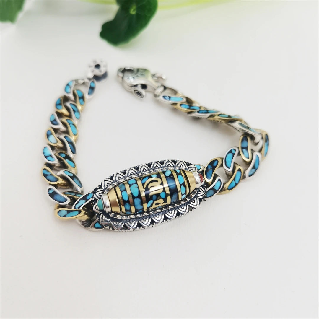 Tibetan Buddhist-inspired silver Nine Eye bracelet, handcrafted with precision, symbolizing healing, protection, and spiritual enlightenment in each unique piece.