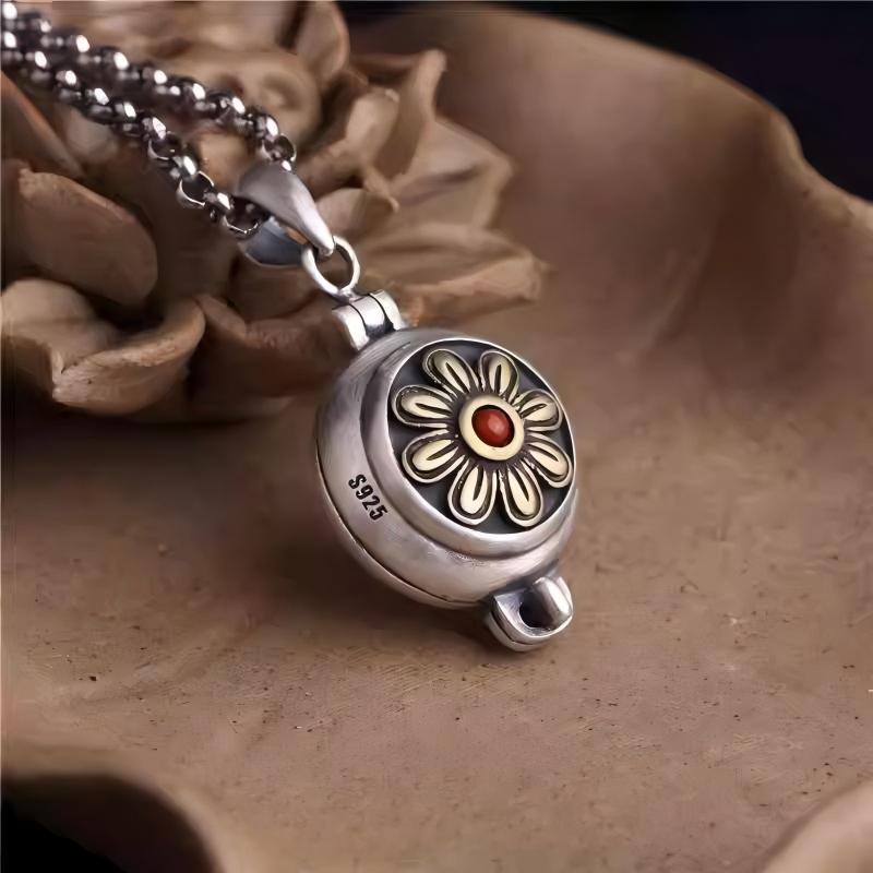Handcrafted silver Gesang flower Gau box necklace, Tibetan Buddhist Jewelry Culture Jewelry art, hollow pendant for unisex wear, spiritual charm.