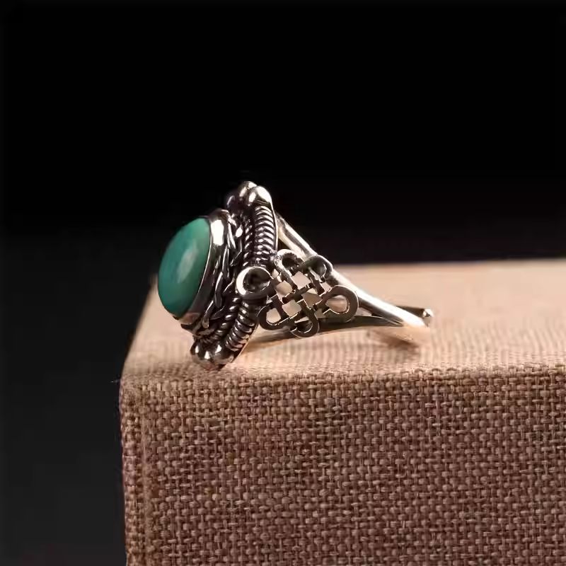 Silver turquoise creative lattice ring, Tibetan Buddhist Jewelry Culture Jewelry art, handcrafted ethnic open finger ring for women