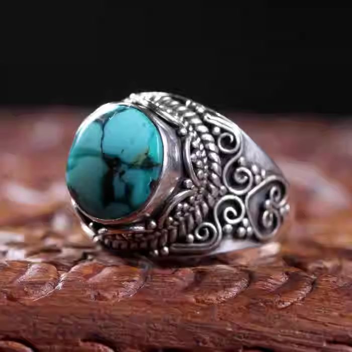 Handmade silver turquoise creative ring, Tibetan Buddhist Jewelry Culture Jewelry art, adjustable ethnic vintage unisex ring