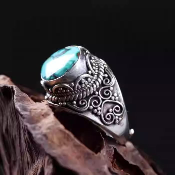Silver turquoise vintage adjustable ring, Tibetan Buddhist Jewelry Culture Jewelry art, handcrafted unisex ethnic finger ring