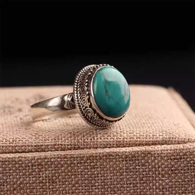 Handcrafted silver turquoise vintage finger ring, Tibetan Buddhist Jewelry Culture Jewelry art, unique ethnic open ring for women