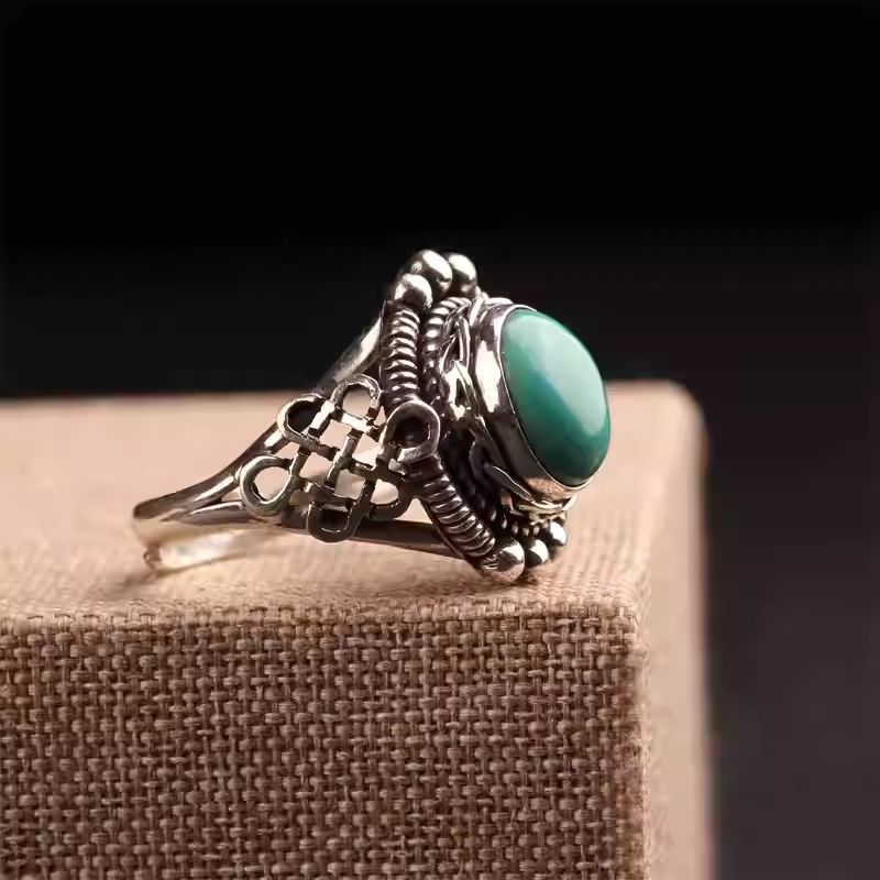 Handcrafted silver turquoise open finger ring, Tibetan Buddhist Jewelry Culture Jewelry art, vintage ethnic adjustable statement ring for women