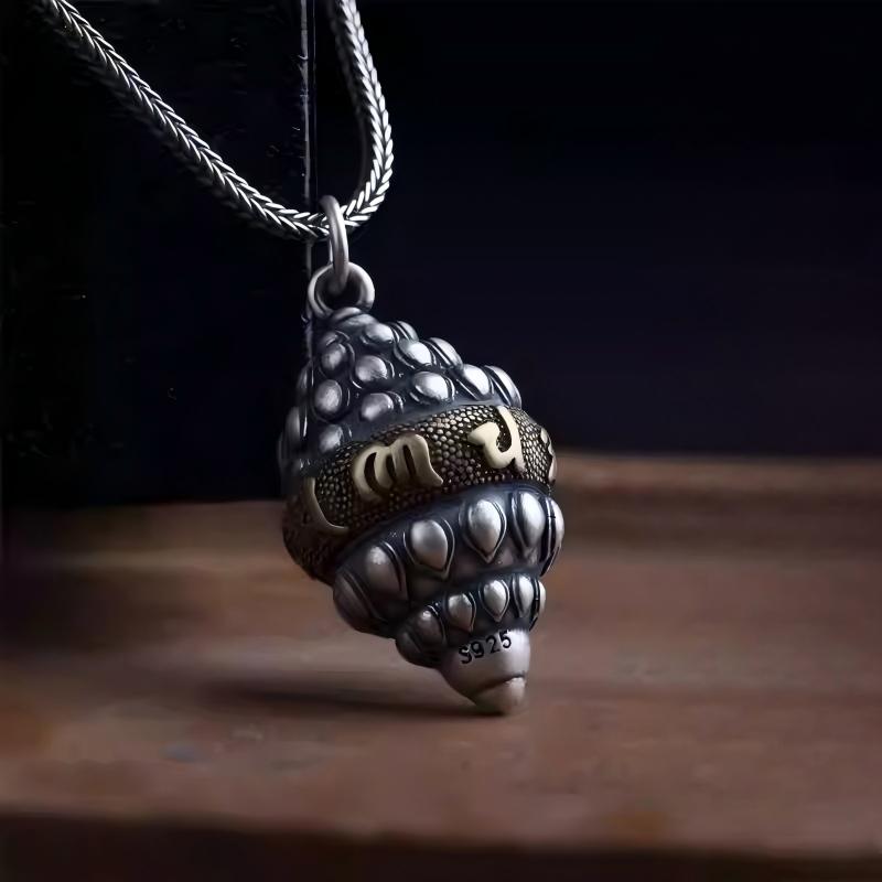 Handmade Tibetan Buddhist silver conch pendant inspired by the Eight Auspicious Symbols, unisex Nepal jewelry art necklace