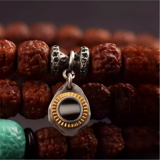  Traditional Tibetan Dzi silver connector with zircon, handmade for premium spiritual Jewelry art and grace.
