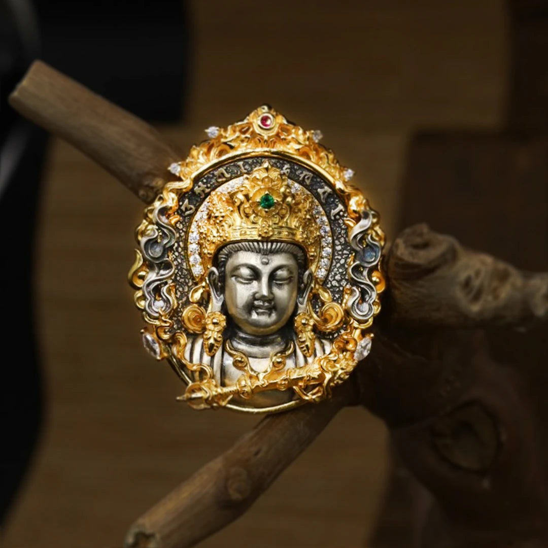 Handcrafted silver zircon Manjushri Bodhisattva pendant, inspired by Tibetan Buddhist jewelry culture and jewelry art, offering wisdom, protection, and positive energy.