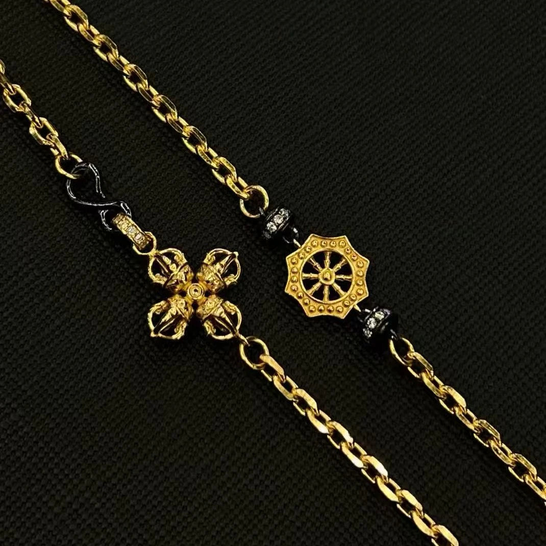 Unique handmade silver zircon Vajra Eight Treasures chain with ancient carving, showcasing Tibetan Buddhist jewelry culture and artisan jewelry art craftsmanship.