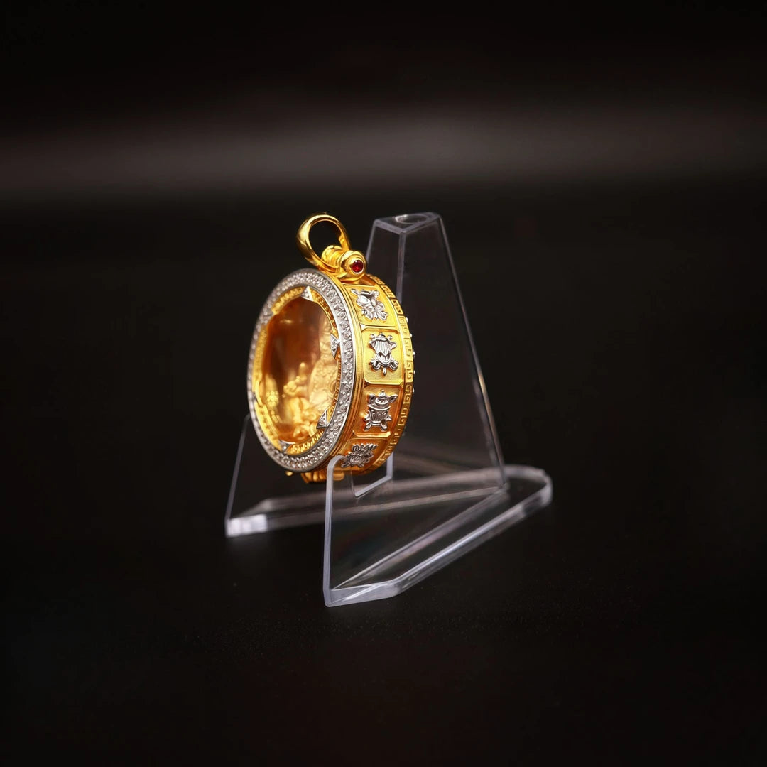 Unique handmade silver zircon Yellow Jambhala pendant with detailed carvings, showcasing Tibetan Buddhist jewelry culture and artisan jewelry art, perfect for collectors and spiritual wearers.