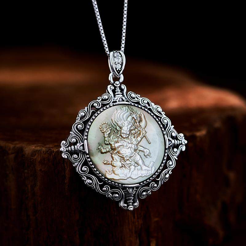 Handmade S925 silver Six-Armed Mahakala pendant with black baige, vintage Tibetan unisex necklace, guardian talisman, Tibetan Buddhist Jewelry Culture Jewelry art