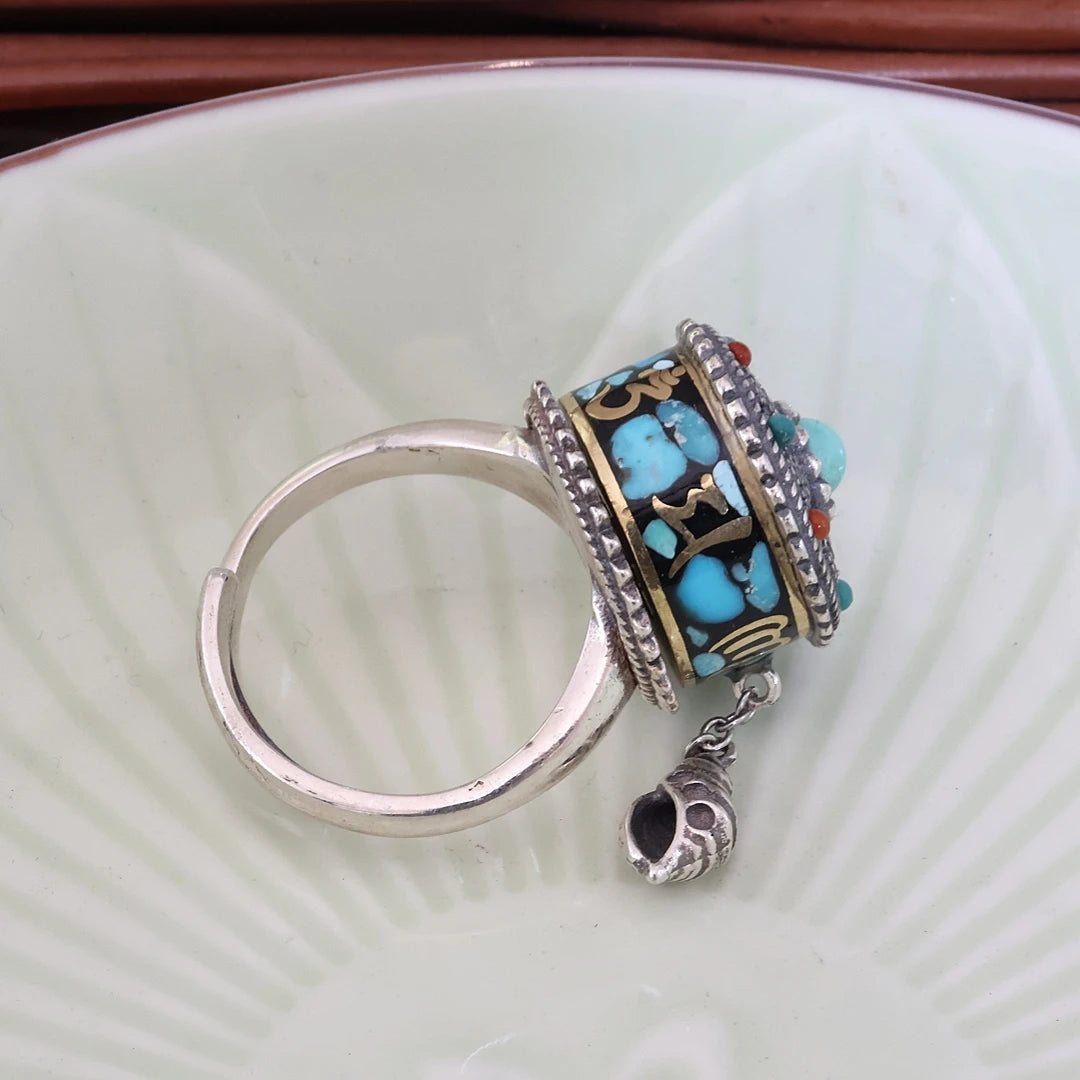 925 sterling silver ring with blue sacred syllables, expertly crafted in the tradition of Tibetan Buddhist Jewelry Culture and jewelry art.