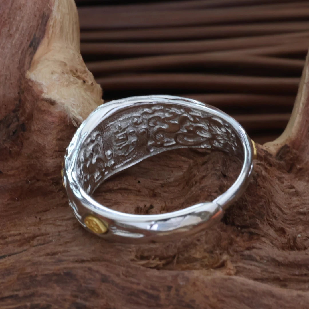 Artisan carved 925 sterling silver fortune ring, reflecting the soul of Tibetan Buddhist Jewelry Culture and jewelry art.