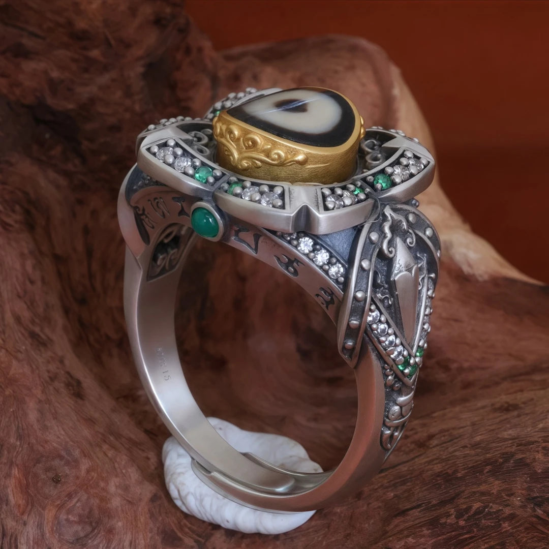 925 sterling silver spiritual intelligence ring with a sword motif, blending jewelry art with Tibetan Buddhist Jewelry Culture.