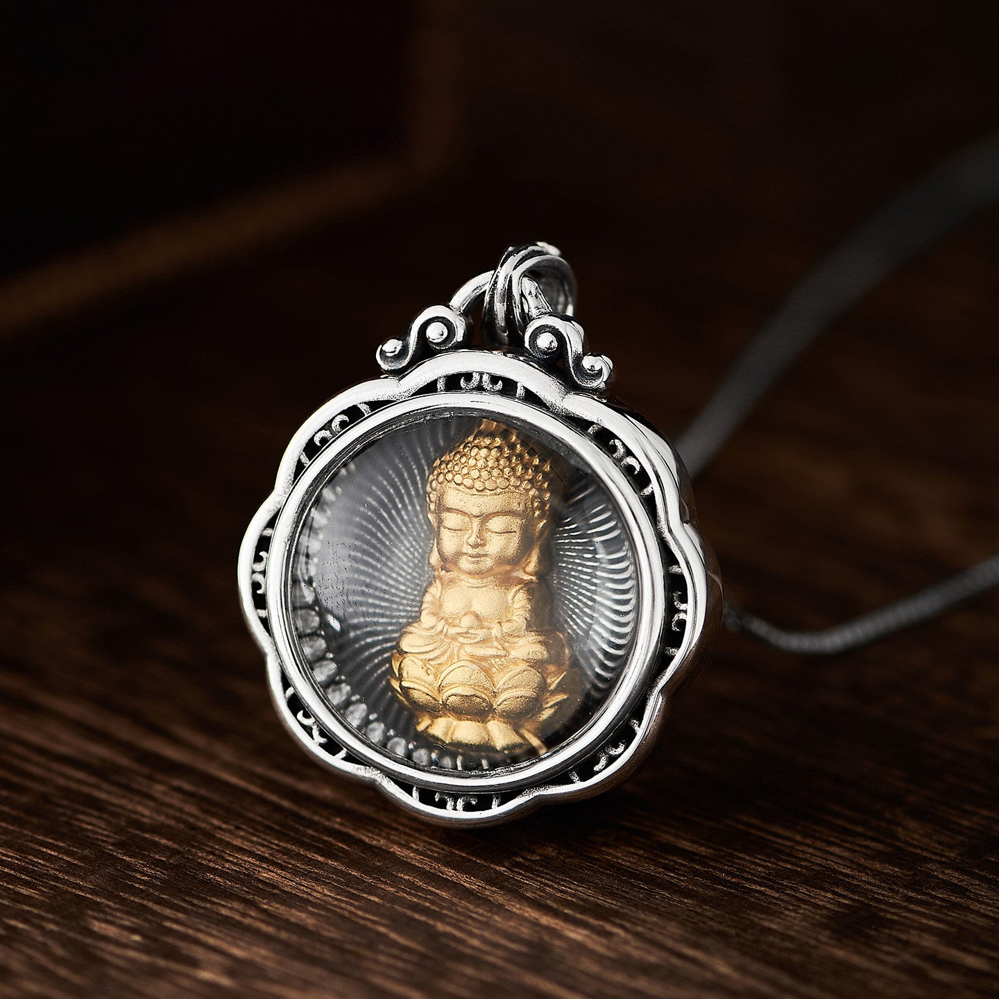 Ethnic Tibetan Amitabha protection pendant with clear quartz gemstone, spiritual Buddhist amulet jewelry art for harmony and prosperity.