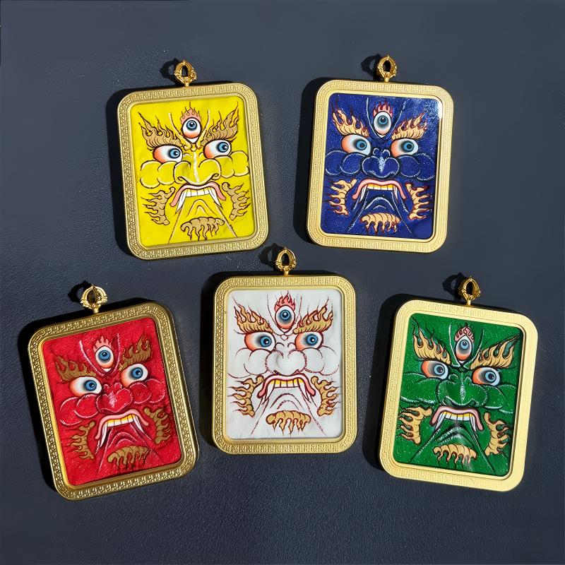 Handcrafted Tibetan Five Wealth Gods Thangka pendant in yellow, black, red, green, and white, combining traditional craftsmanship with spiritual blessings.
