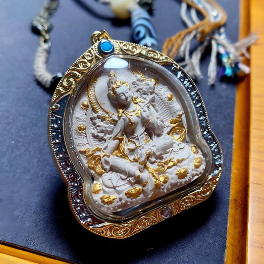Handcrafted Tibetan Green Tara Ash mini Thangka pendant in metal Gau box, blending spiritual symbolism with exquisite Tibetan jewelry art.