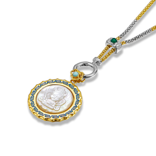 Handcrafted Guanyin pendant in silver with mother-of-pearl and enamel resin, Tibetan Buddhist Jewelry Art combining protection, blessings, and ethnic design.