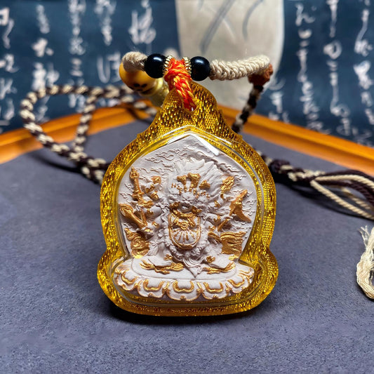 Handcrafted Tibetan Hayagriva Ash mini Thangka pendant, blending spiritual symbolism with exquisite Tibetan jewelry art.