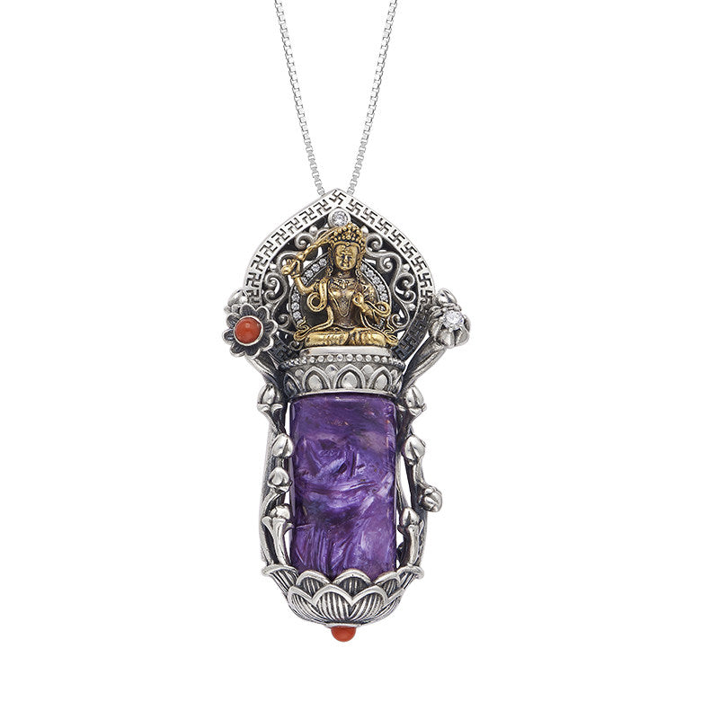 Tibetan-style Manjushri protection necklace with purple charoite crystal, vintage ethnic Buddhist amulet jewelry art for spiritual balance.