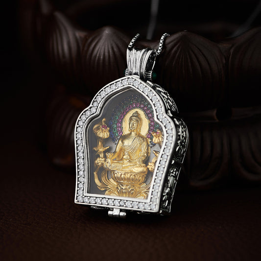 Handcrafted Medicine Buddha pendant in silver and copper, Tibetan Buddhist Jewelry Art combining ethnic craftsmanship and spiritual protection.