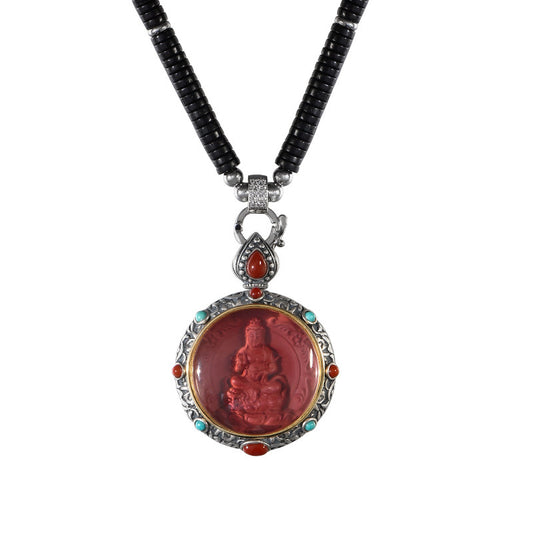 Handcrafted multi-Bodhisattva Zodiac Buddha pendant in red cinnabar and silver, Tibetan Buddhist Jewelry Art combining spiritual meaning and ethnic craftsmanship.