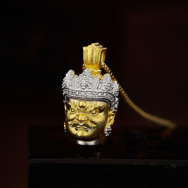 Handcrafted Tibetan Buddhist pendant with Yellow Jambhala in silver, ethnic guardian amulet necklace offering blessings and Jewelry Art craftsmanship.