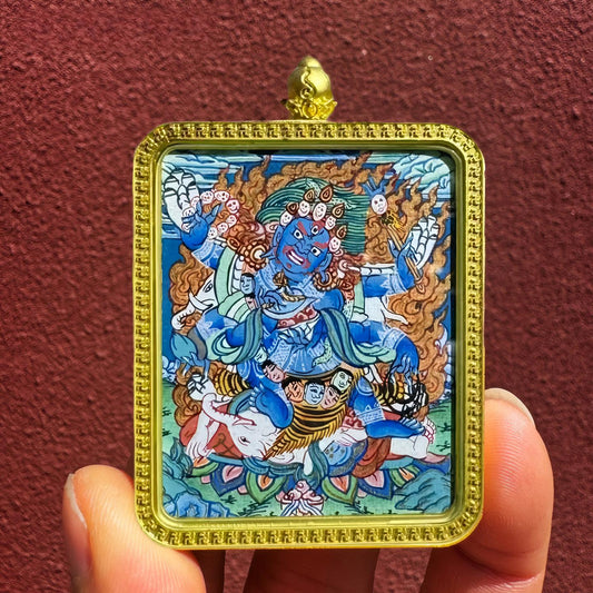 Handcrafted Tibetan Buddhist Six-Armed Mahakala Gau box pendant, fine jewelry art combining spiritual symbolism with traditional craftsmanship.