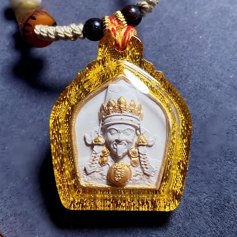 Handcrafted Tibetan Zakiram Ash mini Thangka pendant, blending spiritual symbolism with exquisite Tibetan jewelry art.