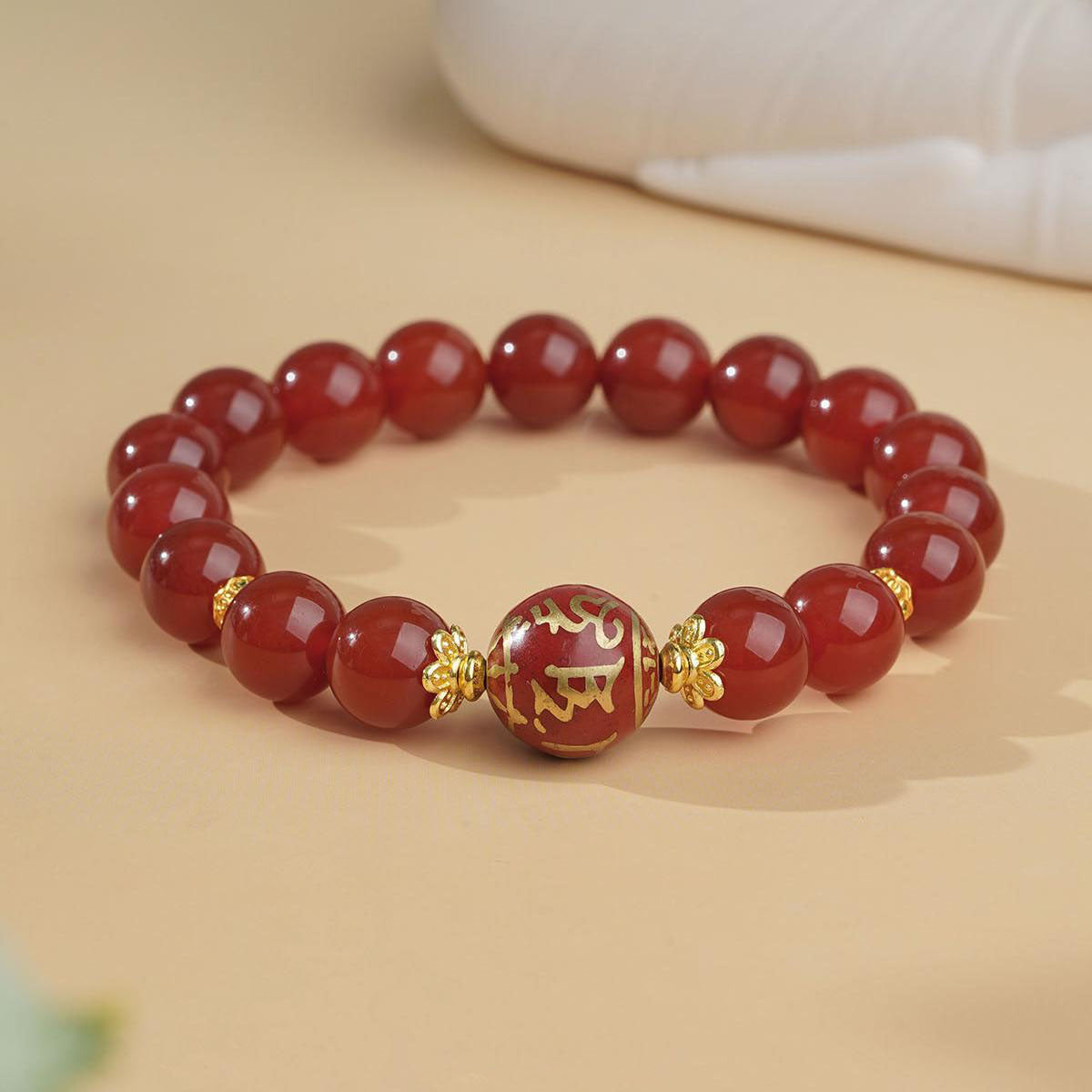 Sacred Tibetan Buddhist jewelry art: pure hand-painted red agate bead bracelet, symbolizing blessings and auspiciousness. Meticulously handcrafted with refined details, it serves as both a spiritual tool and a fashionable accessory.